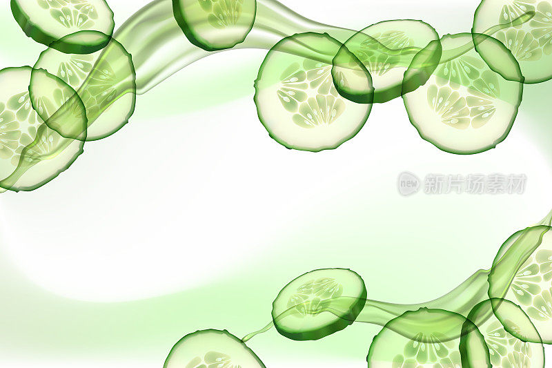 Beautiful, horizontal, green, realistic cucumber background with splashes of liquid for advertising banners and cosmetics advertisements.